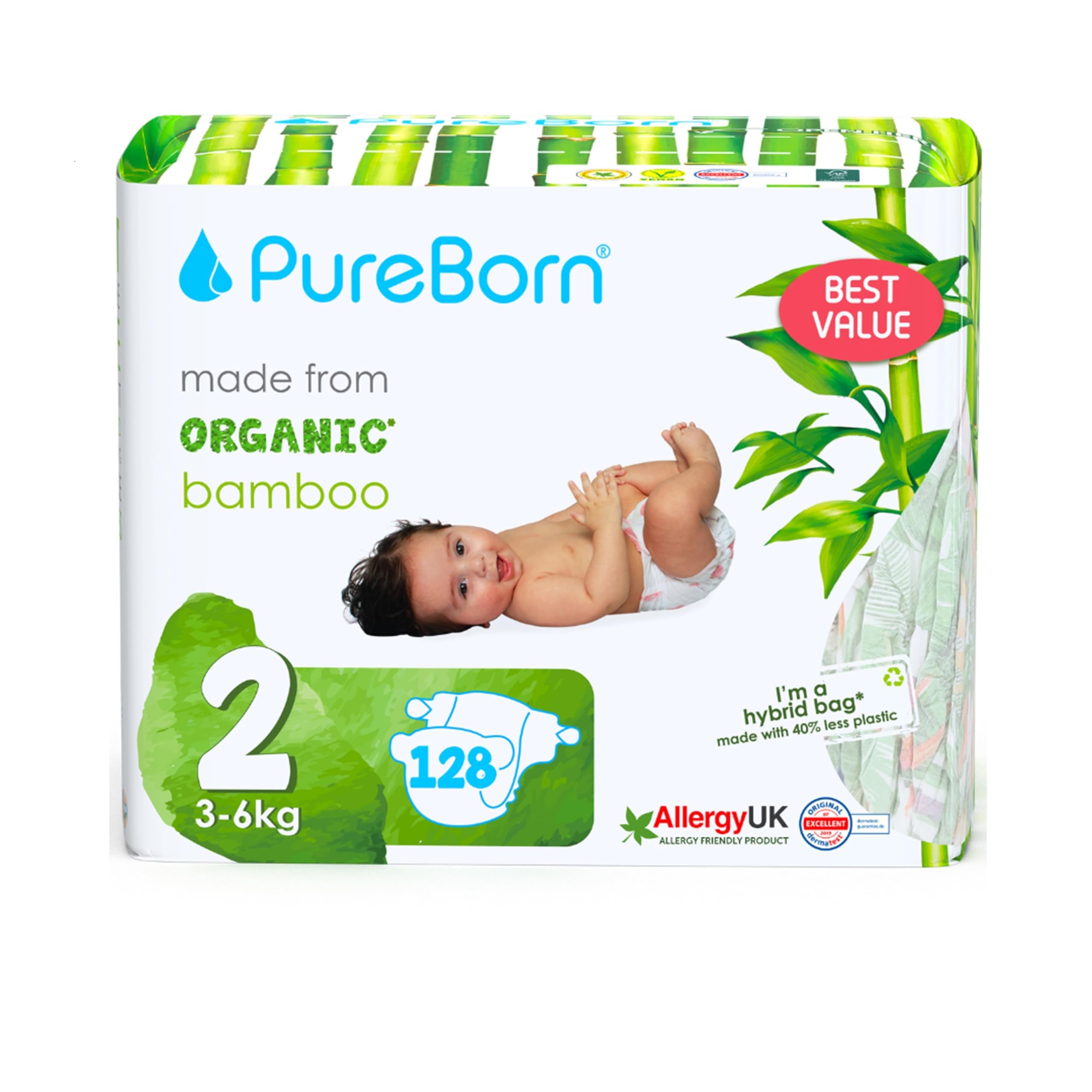 PureBorn Eco Organic Bamboe Luiers, Maat 2 (3-6 kg), 192 Luiers (3x64), Hypoallergeen, Ultrazacht, Milieuvriendelijk, Assorti Print, Natheidsindicator