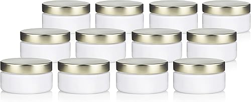Miniatura 8 de JUVITUS Paquete de 12 tarros de plástico PET de perfil bajo blanco de 2 onzas con tapa de metal dorado