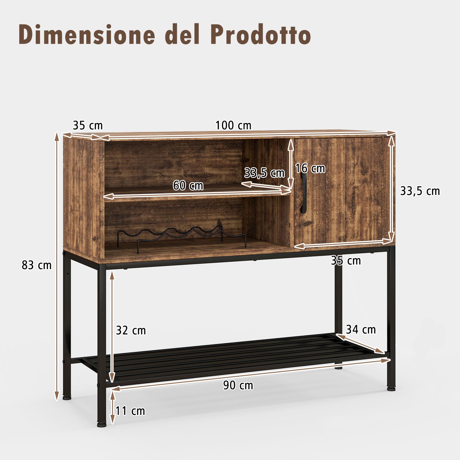 COSTWAY Credenza Buffet da Cucina, Mobile da Cucina con Portabottiglie e Mensole, per Sala da Pranzo, Soggiorno e Ingresso, 100 x 35 x 83 cm (Marrone)