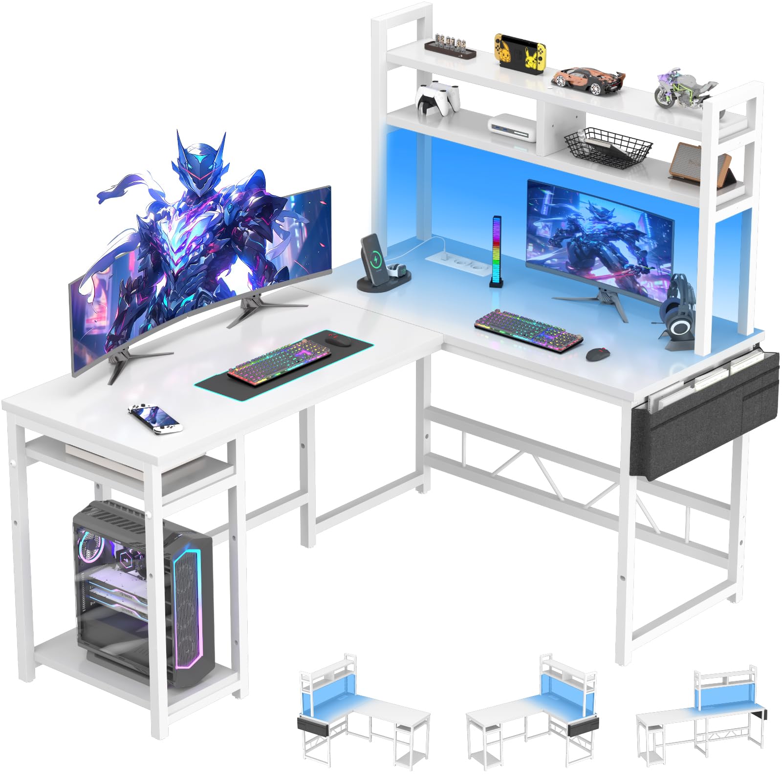 Devoko Bureau Gaming avec LED 155 x 100 cm, Bureau d'angle Gaming avec 2 Prises de Courant et 2 Ports USB, Bureau Informatique avec Etageres de Rangement, Structure en Acier, Blanc