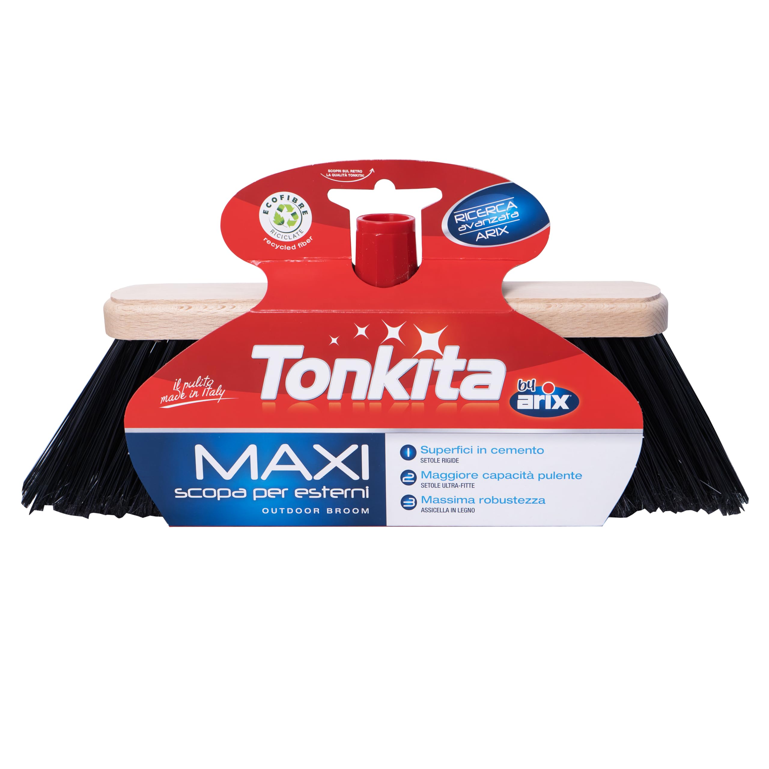 TONKITA | Maxi Scopa per Spazi Esterni, con Assicella Robusta in Legno, Setole Fitte e Inclinate, Materiale 100% Riciclato e Riciclabile, Made in Italy