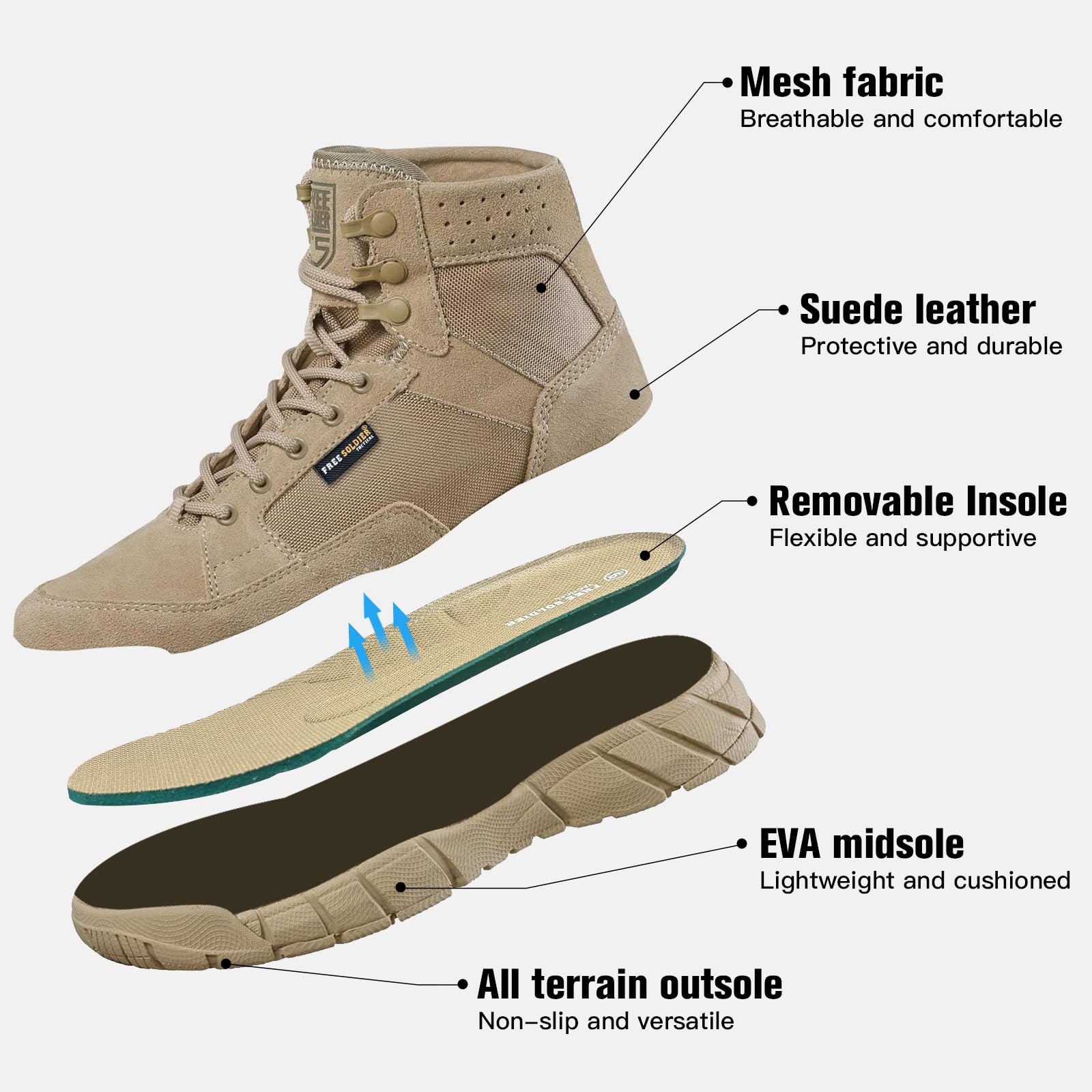 FREE SOLDIER Stivali da Uomo Ultraleggeri Stivali da Lavoro Tattici Militari 6" inch High-Tops Stivali da Neve Traspiranti Traspiranti per Camminare a Piedi