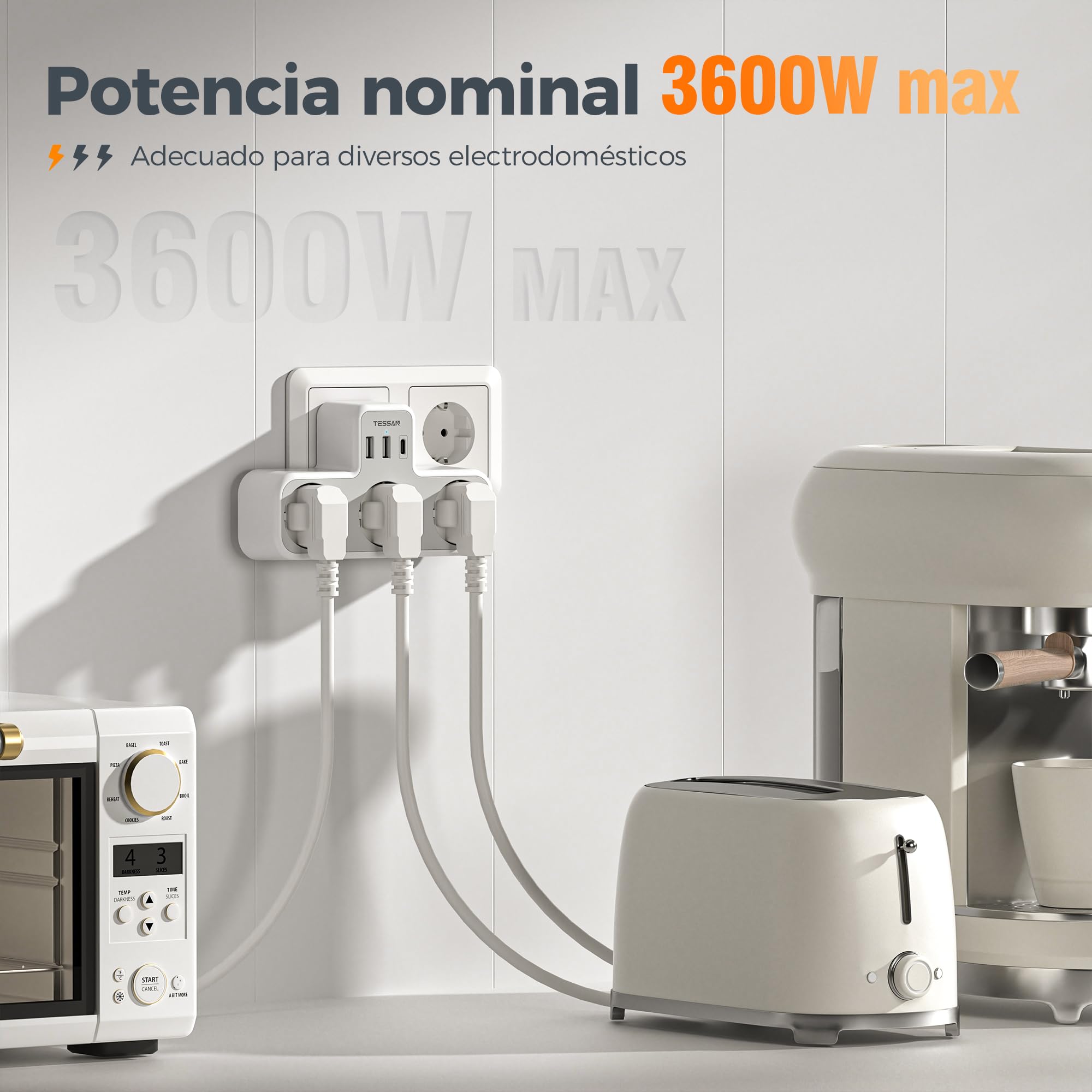 TESSAN Ladron Enchufes Plano con USB C, 6 en 1 Ladrón Enchufes Multiples USB, Triple Cargador Multiple 3600W, Regleta Pared para Oficina, Cocina, Compatible con Móviles, Blanco y Gris