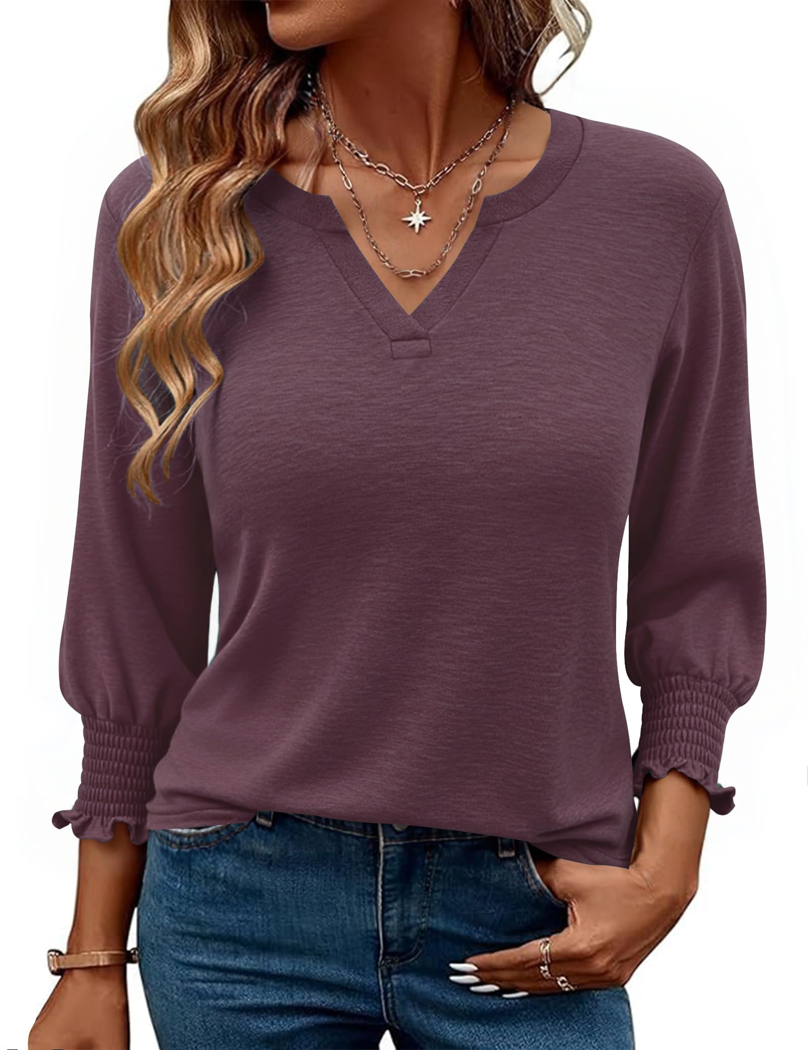 Gyabnw Damen Bluse mit V-Ausschnitt und 3/4-Ärmeln Elegantes Lockeres Blusenshirt Bequem und Hautfreundlich