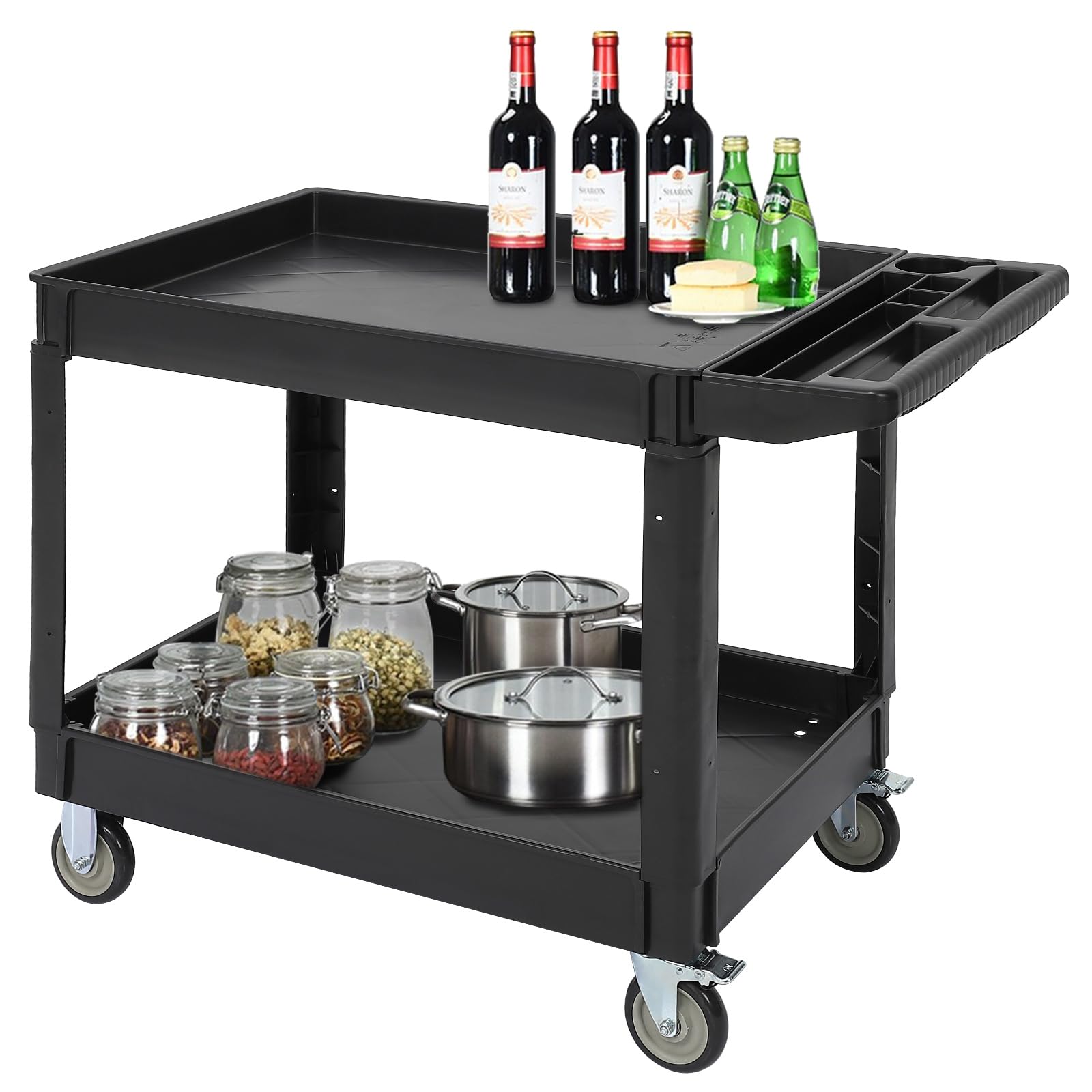 Garvee Carro de Servicio de 2 Niveles, Carro Utilitario Carga Pesada 227 kg, 2 Bandejas 91x61 cm, Ruedas Giratorias 12,7 cm con Freno, Mango Ergonómico para Almacén/Garaje/Hotel/Restaurante, Negro