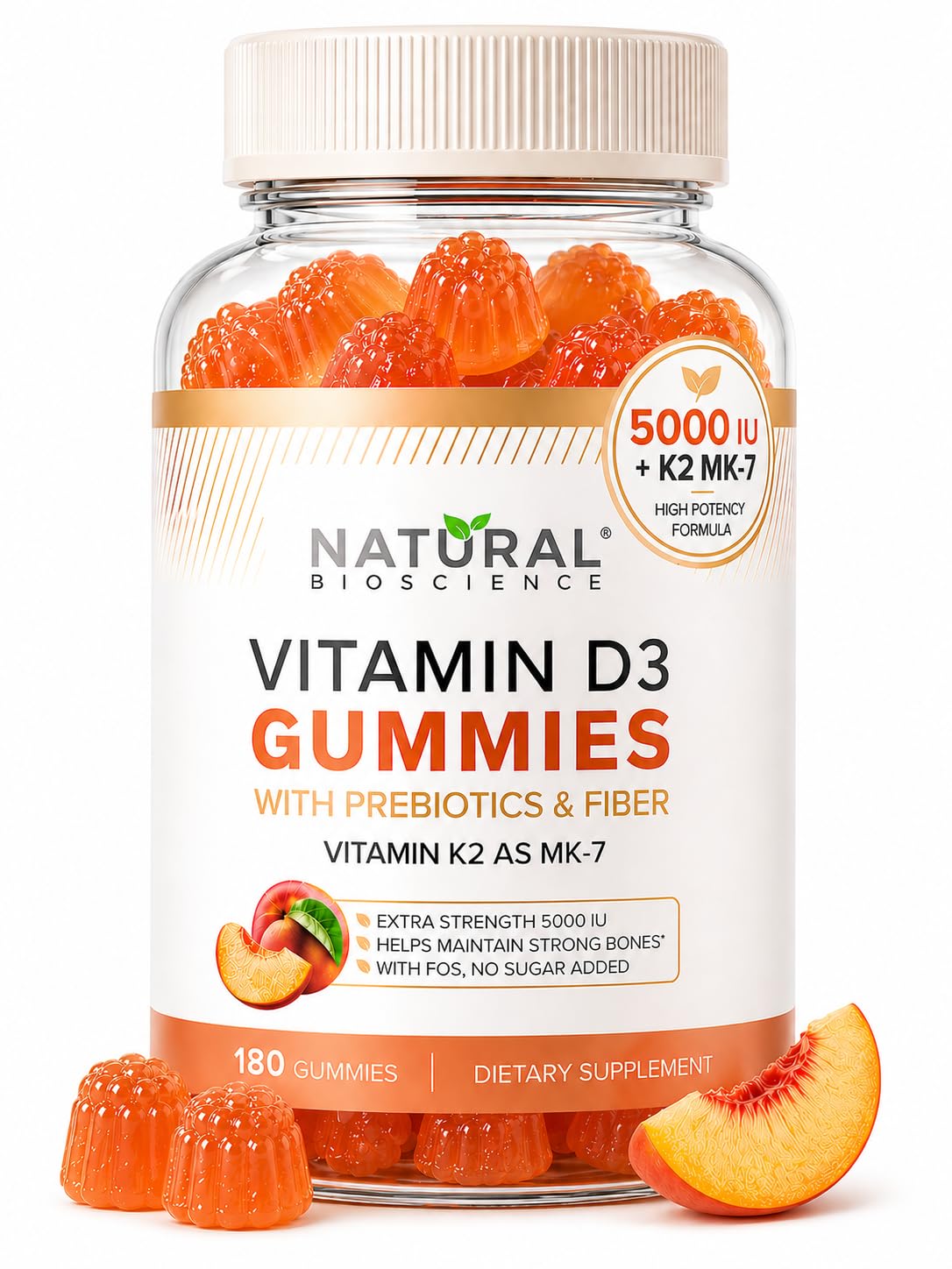 Sugar Free Vitamin D3 K2 Gummies - Vitamin D3 Gummies 5000 IU+K2 MK7 80 mcg, K2 D3 Vitamin Supplement Adults, Vitamin D K2 for Bones, Immune, Heart, Mood, Gluten-Free, Non-GMO, Natural Peach Flavor