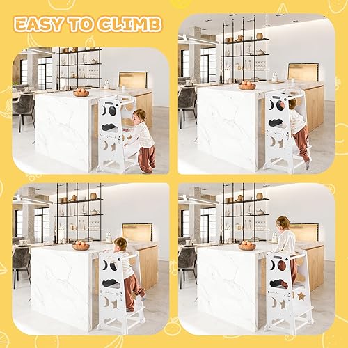 Miniatura 6 de Montessori - Taburete de cocina para niños pequeños, 4 en 1, torre plegable para baño, torre de pie para niños pequeños de 1 a 3 años con pizarra y