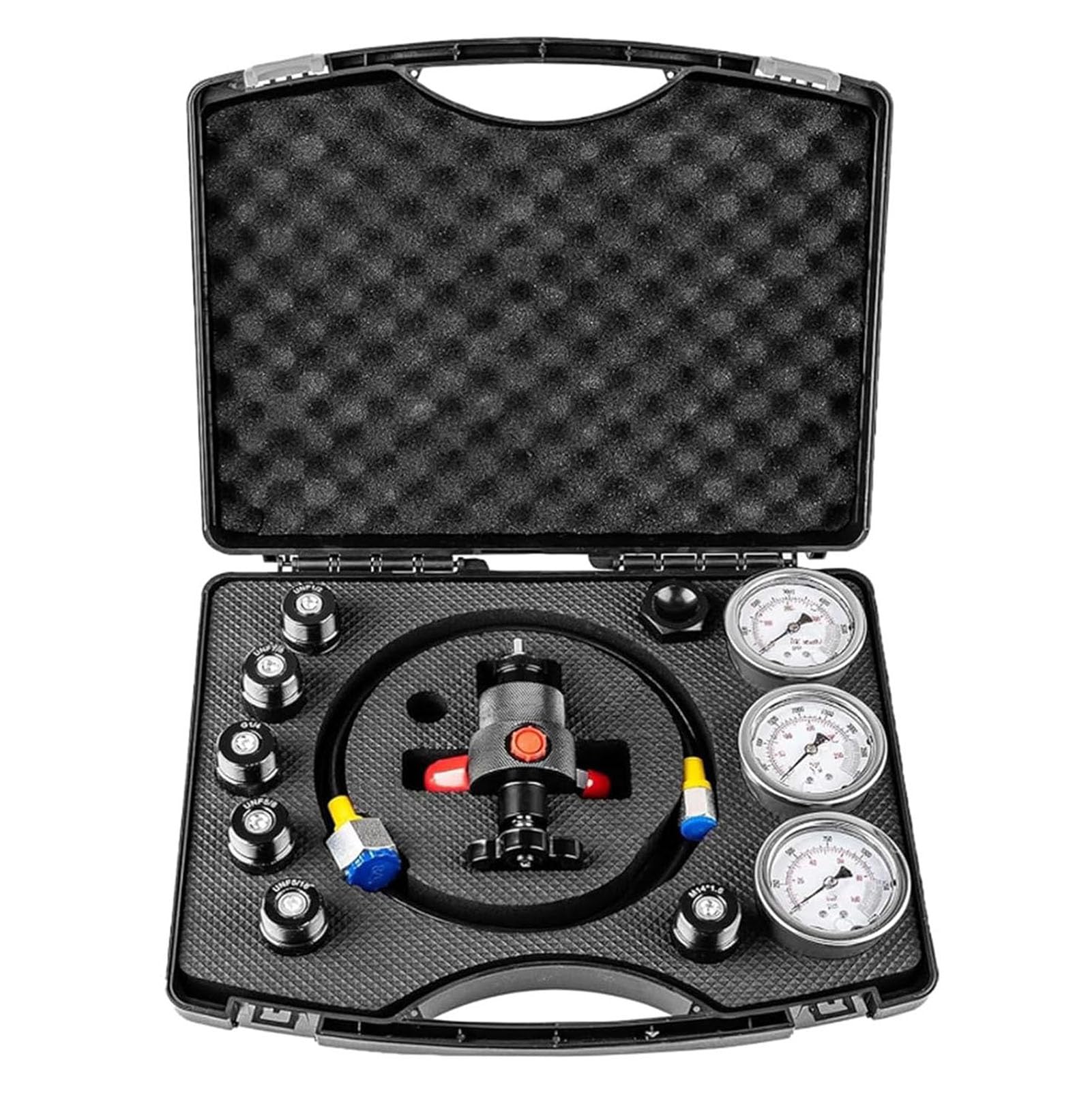 Kit Recharge Azote Accumulateur Hydraulique, Charge De Gaz D'Accumulateur D'Azote Hydraulique, Kit De Test De Pression De SystèMe Avec 3 Jauges, 7 Raccords, 1 Tuyau De Gaz Et ÉTui (Black, 7 in 1)