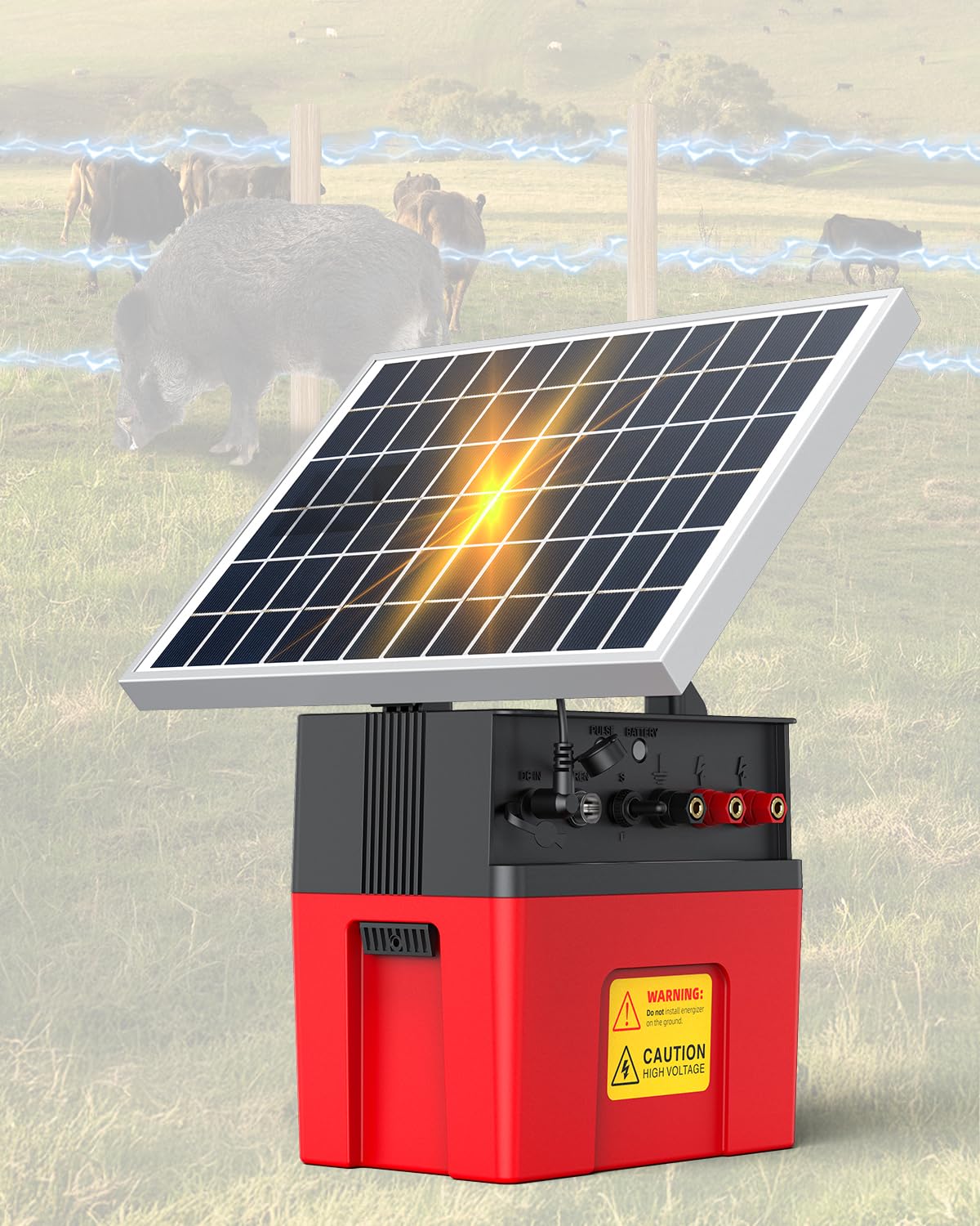 Solar Electric Fence Charger with Built-in Siren Alarm, 1.2 Joule Energizer & 12000mAh Battery, 10W Solar Panel Covers up to 20 Miles, Ideal for Livestock, Cattle, Poultry, Horses, Farm Use