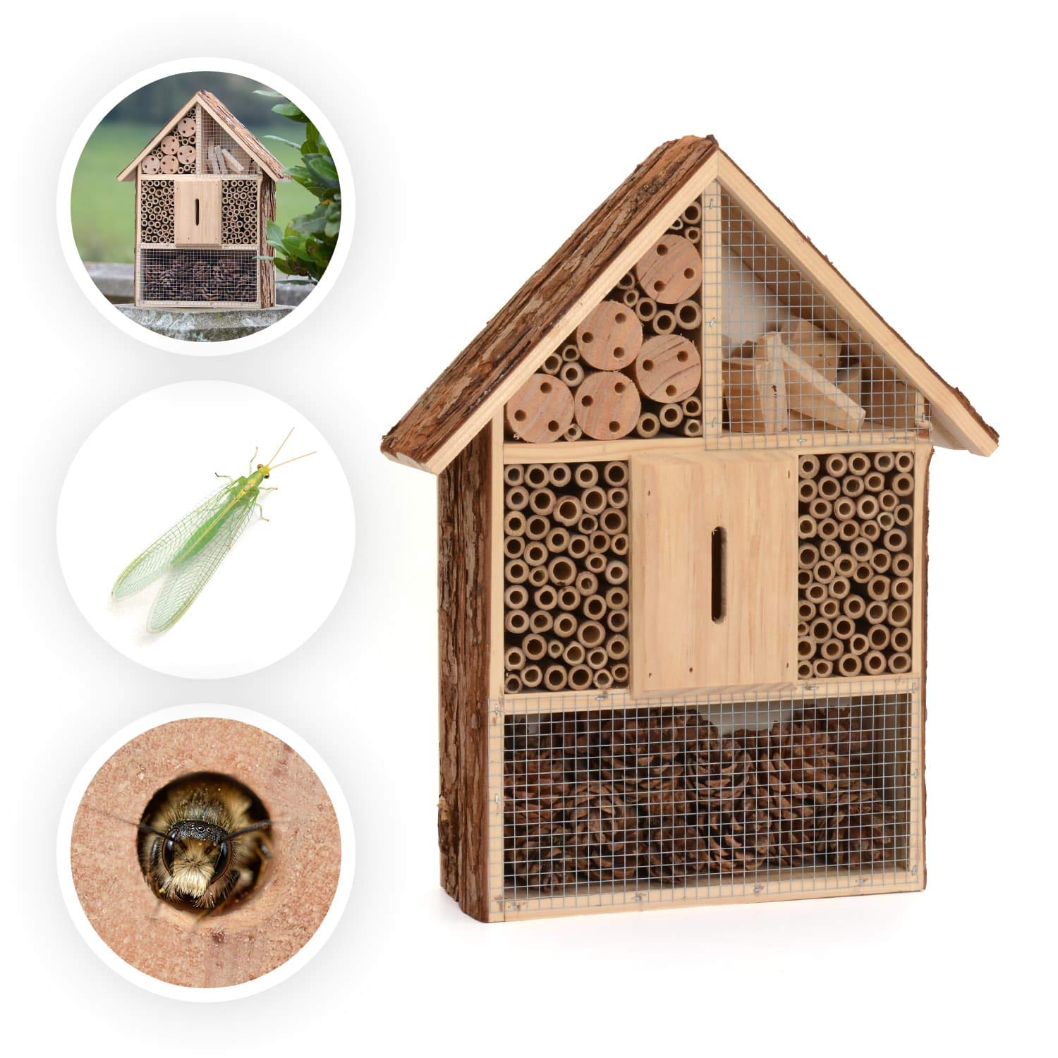 CKB LTD - Gran hotel de madera natural para abejas, mariquitas, mariposas, refugio exterior, jardín, hogar, hogar, hábitat al aire libre, grande, 30 x 10 x 39 cm