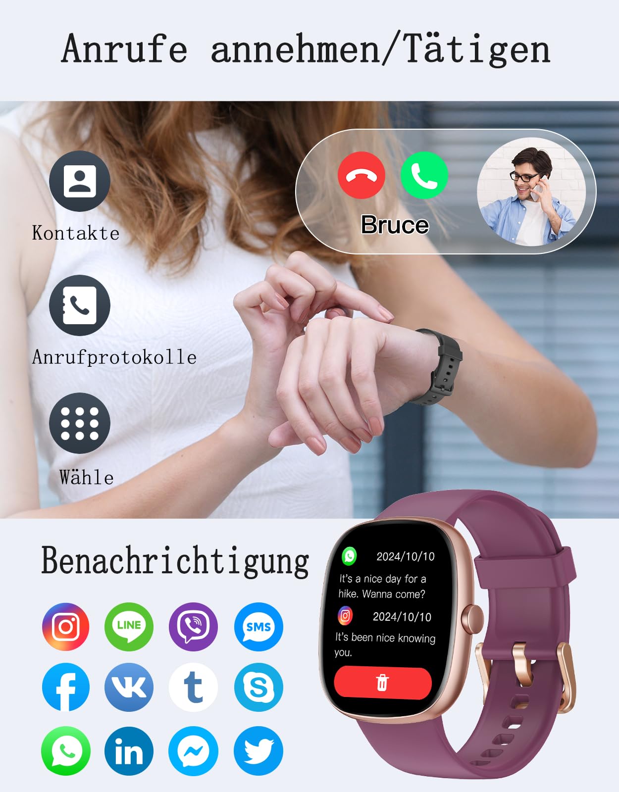 Smartwatch Damen mit Telefonfunktion,1.85"Smart Watch mit SpO2/Herzfrequenz | Schlafmonitor/ Schrittzähler 100+Sportmodi,IP68 Wasserdicht Fitnessuhr Whatsapp Benachrichtigung für Android iOS Handy