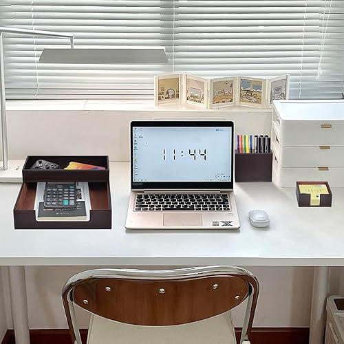 Miniatura 7 de Paquete de 4 suministros de oficinaorganizador de escritorio de cuero para bandeja de papel para cartas, soporte para notas adhesivas, taza para