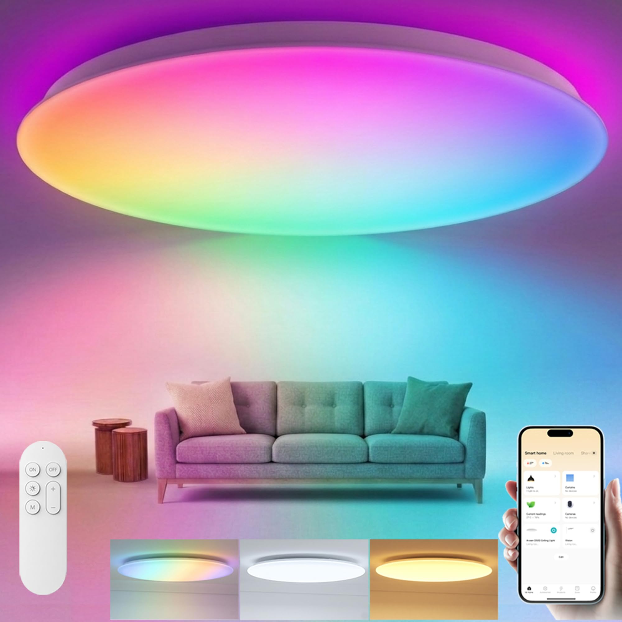 Yeelight Smart Deckenlampe 50cm, 4500LM 50W Dimmbar LED Deckenleuchte mit separatem RGB-Licht, Schnellmontage, 16M DIY Farben, 2700K-6500K, Kompatibel mit Alexa & Google, App/Fernbedienung Große Lampe