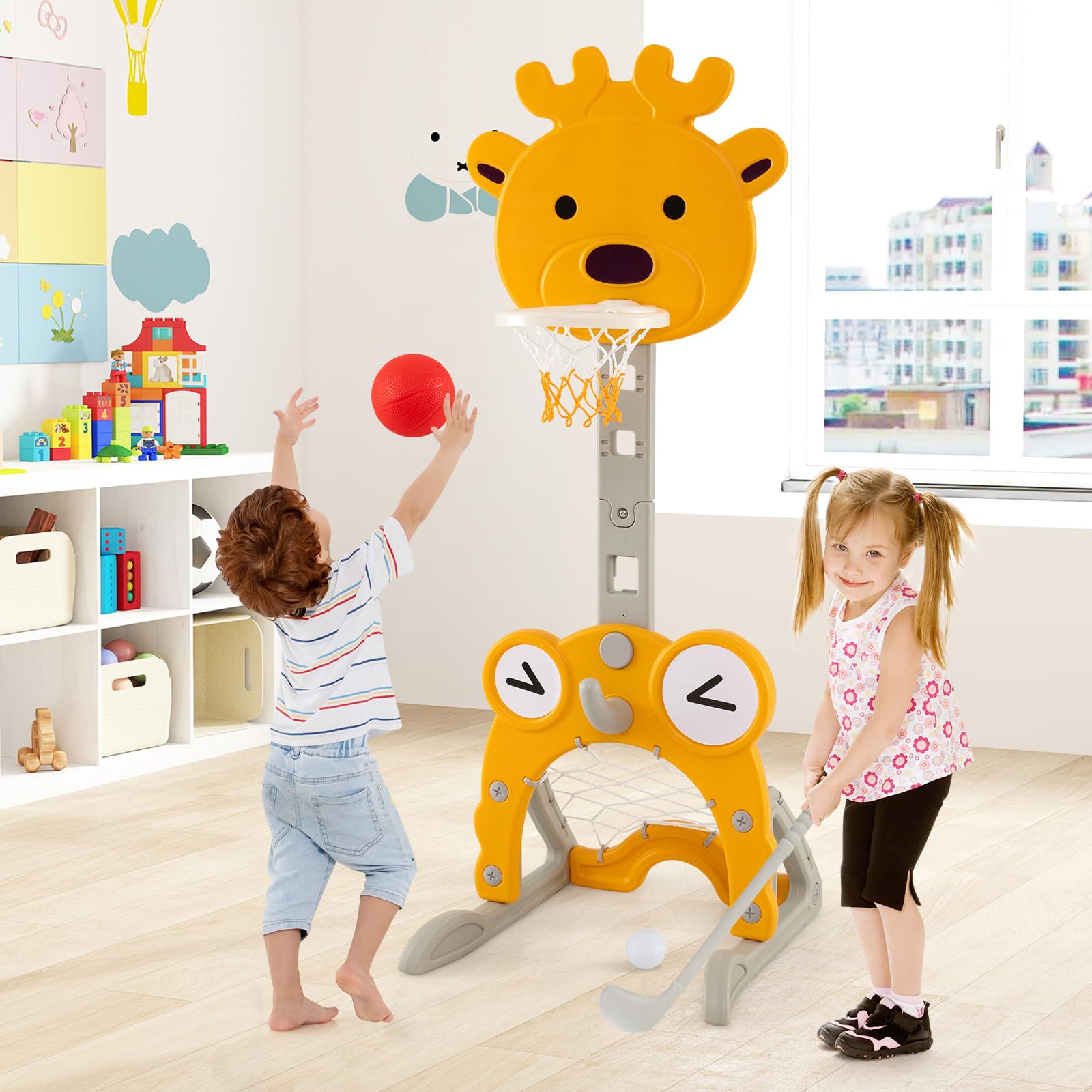 COSTWAY 4 in 1 Canestro da Basket per Bambini, Centro Attività con Cerchio, Porta Calcio, Lancio ad Anelli, Golf, Canestro Regolabile, per Bambini 3+ Anni (Cervo)