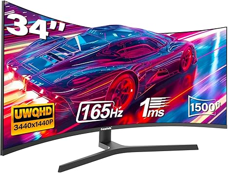 شاشة ألعاب منحنية فائقة الاتساع مقاس 34 بوصة من Gawfolk، شاشة كمبيوتر بدقة 1500R UWQHD 3440x1440، شاشة كمبيوتر منحنية بتردد 165 هرتز مع FreeSync، قاعدة قابلة للتعديل متعددة الاتجاهات