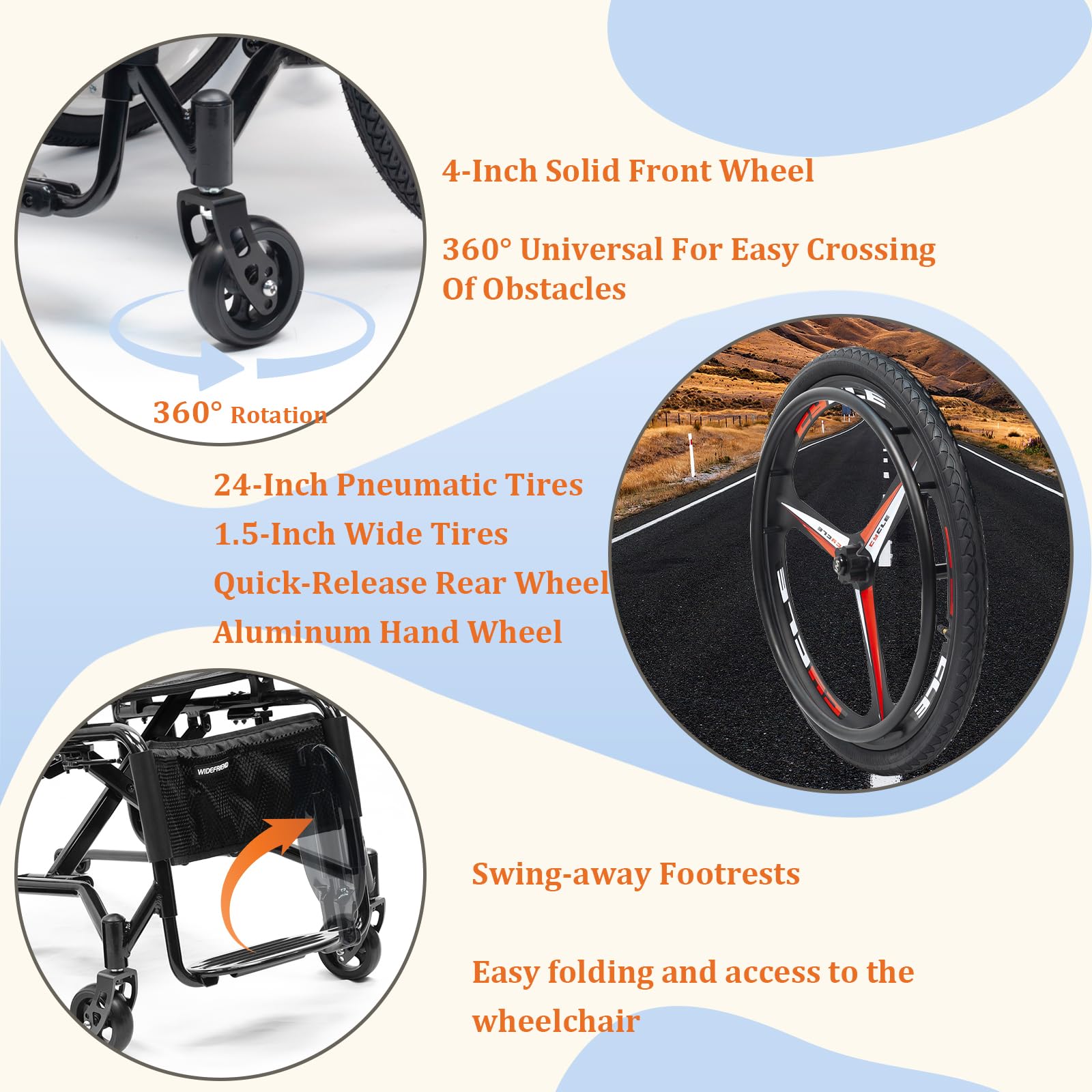 Lekki sportowy wózek inwalidzki dla dorosłych, przenośny, składany, aluminiowy wózek inwalidzki, samobieżny kompaktowy wózek (42 cm, 16,5 siedzenia, codzienny)