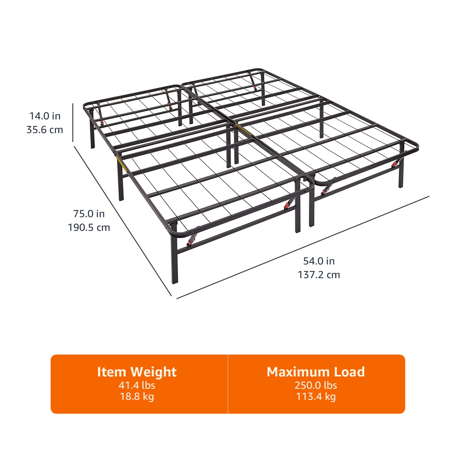 Amazon Basics Foldable, 14" Black Metal Platform Bed Frame with Tool