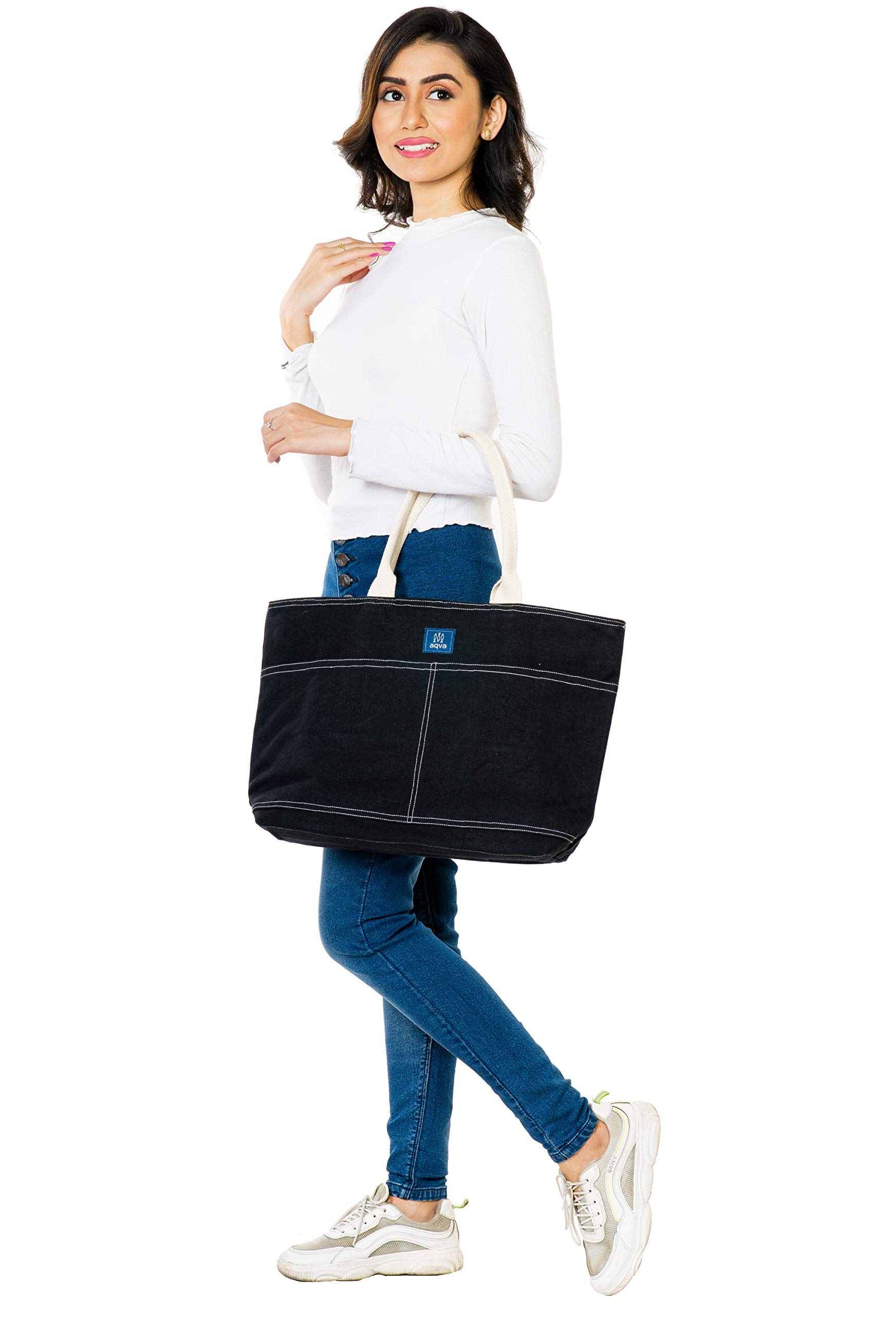 AQVA Cotton Canvas Tote Bag for Women | Trendy Stylish Multipurpose Handbag with Zipper | Shoulder Bag for Shopping, Beach, Travel and Work | Solid, Black 4