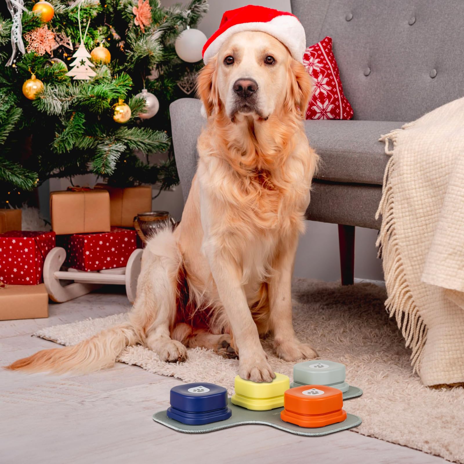 MEWOOFUN Hundeknöpfe Trainingsklicker mit Sprachaufzeichnung für das Hundetraining mit Matte und DIY-Aufklebern – Haustier-Befehlssummer für Hunde und Katzen (4 Pack)
