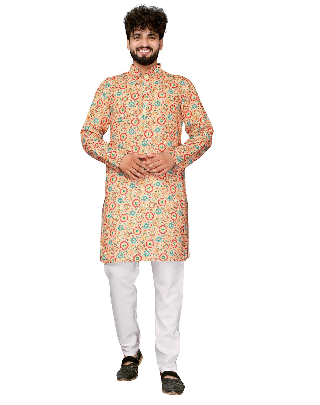 Lookmark Men's Cotton Blend Printed Kurta With Full Sleeves Ankle Length Orange Color And Button Closer - Suitable For All Indian Festivals And Weddings (Az-Lm-P1-Kurta 32-Xxl)