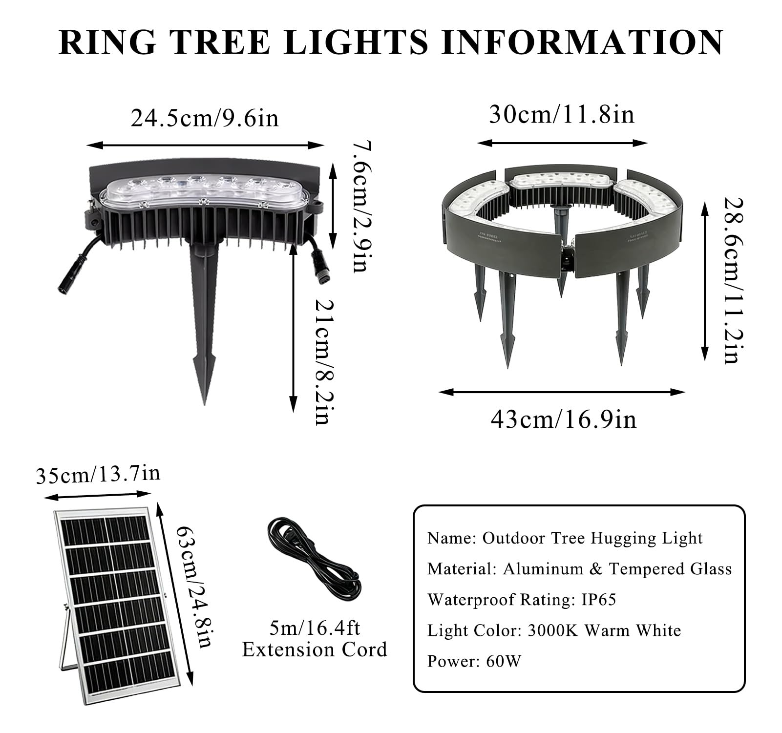 Zewnętrzna lampa solarna LED, wodoodporna lampa pierścieniowa IP65, 60 W, 5 głowic na taras, trawnik, do ogrodu i podjazdu.