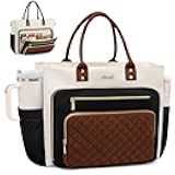 LOVEVOOK Teacher Tote Bag for Women Work, Laptop Bag With Large Cup Holder, Nurse Bags Professional Briefcase Business Computer Purses Handbag, Black-Beige-Brown, 15.6 Inch