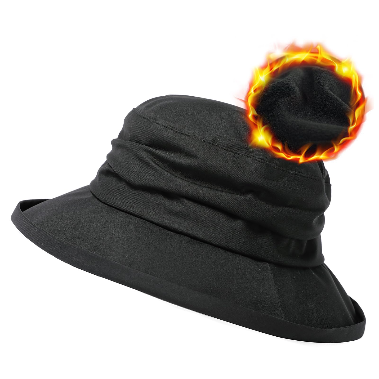 TOP-EX Winter Waterproof Hats for Womens, Warm Fleece Lined Bucket Hats  Wide Brim Rain Hats with Chin Strap Packable Windproof