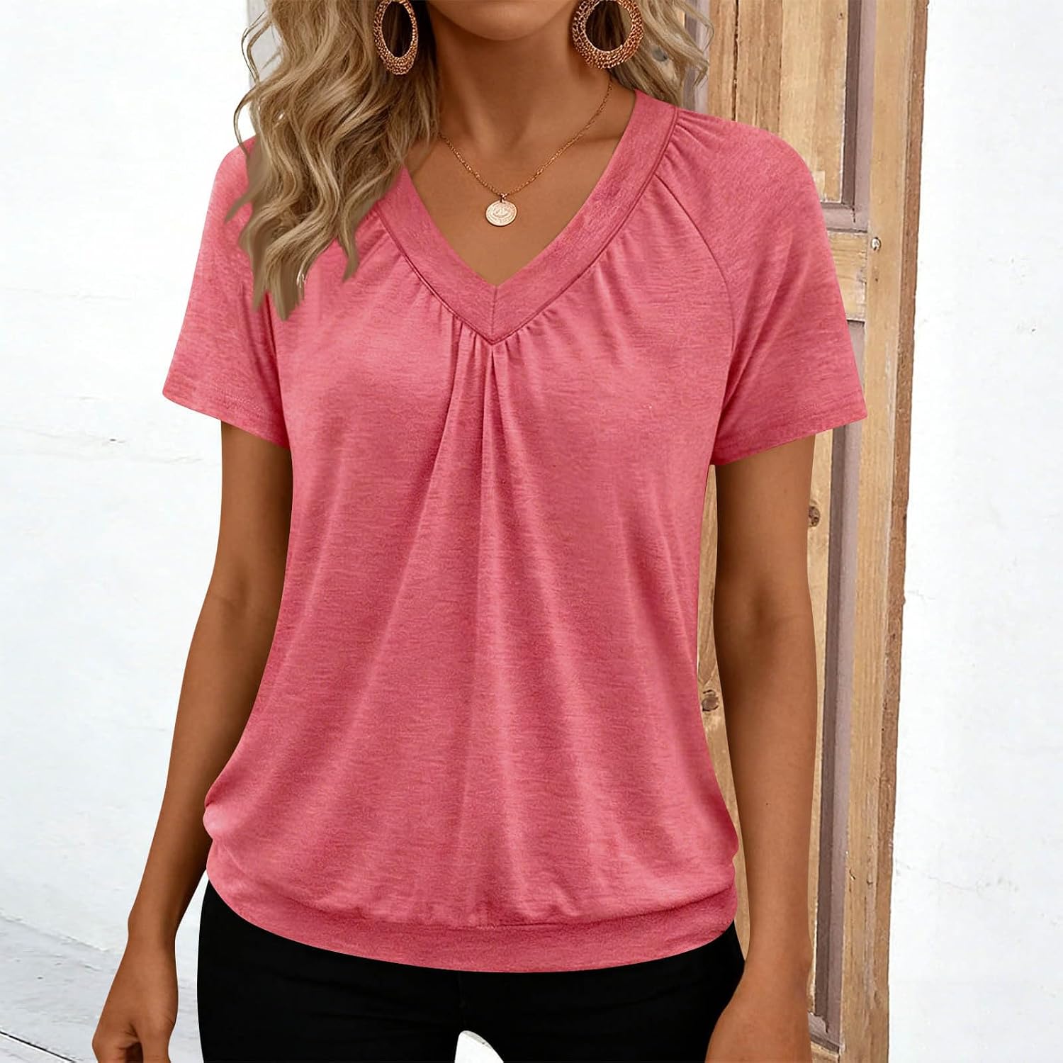 Summer Tops for Women 2026 Shorts Sleeve Womens Tops V Neck Soft Casual Loose Fit Ruched Top T Shirts Tee Clothes