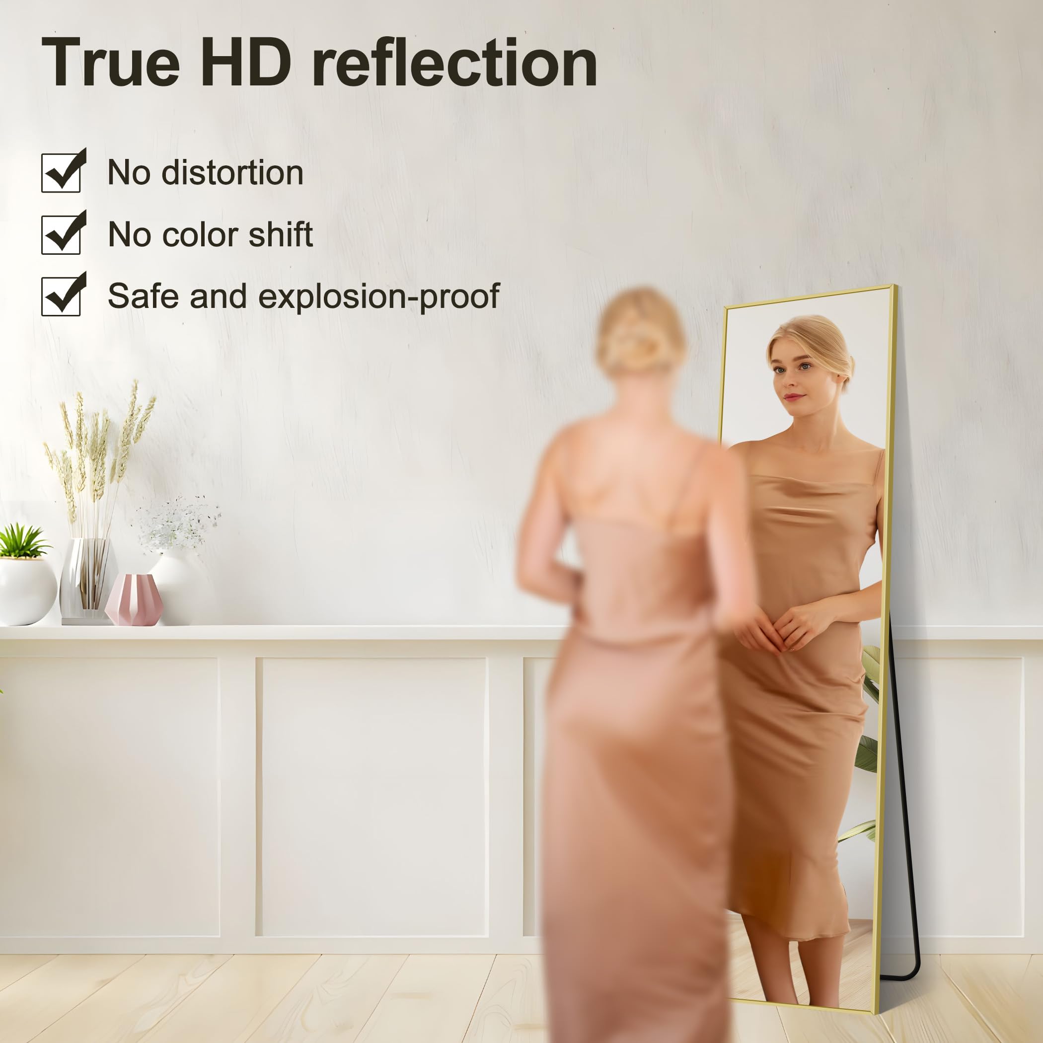 COFENY Specchio da Terra, 150 x 40 cm Specchio da Parete Grande con Cornice in Alluminio, Specchio da Terra da Appoggiare o Appendere per Soggiorno, Camera da letto, Soggiorno, Ingresso, Oro