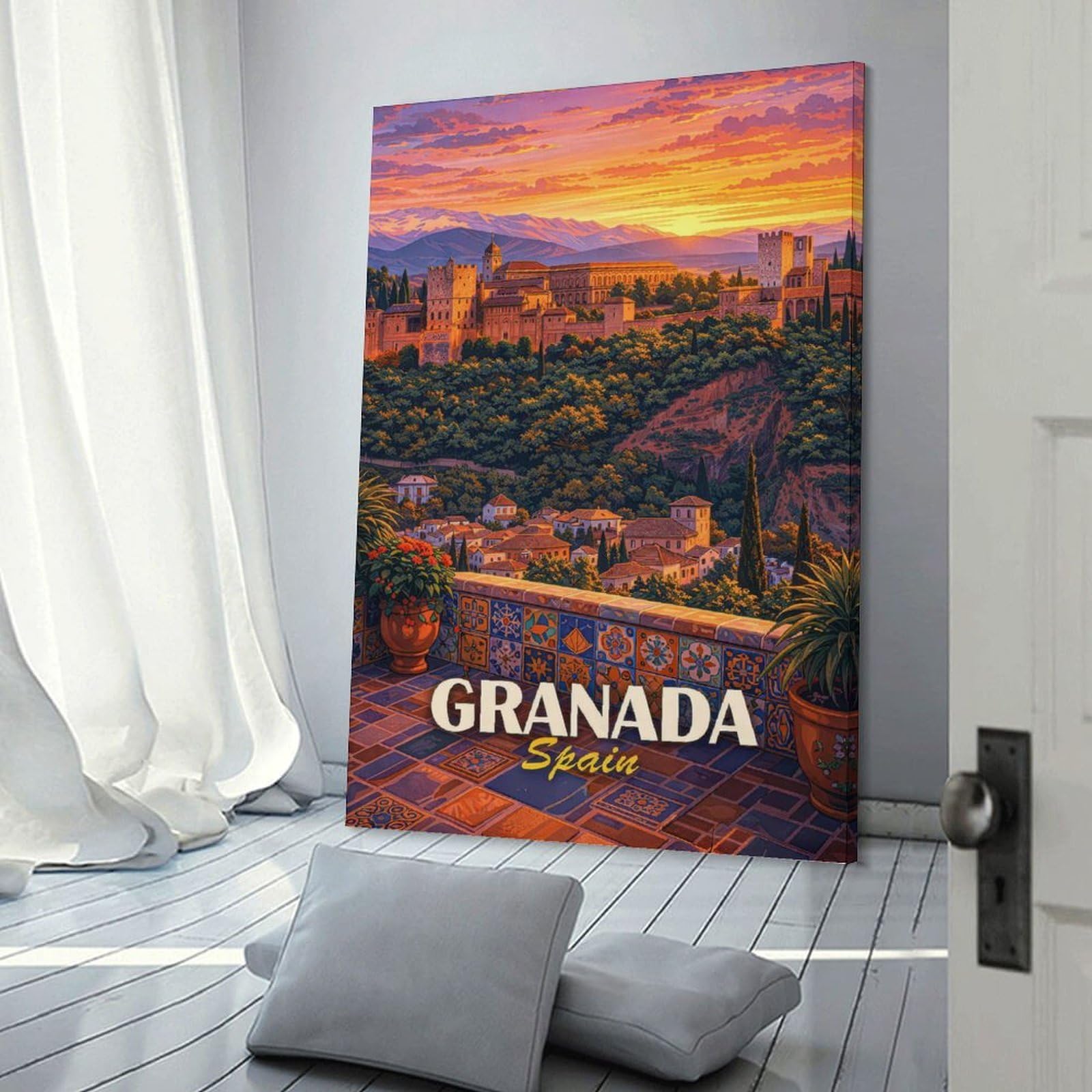 Junmoney Granada Spain Alhambra Sunset Hanging Wall Art 20x30inch(50x75cm), for Study, Office Or Focused Interiors, Wall Art That Adds Style to Work Areas