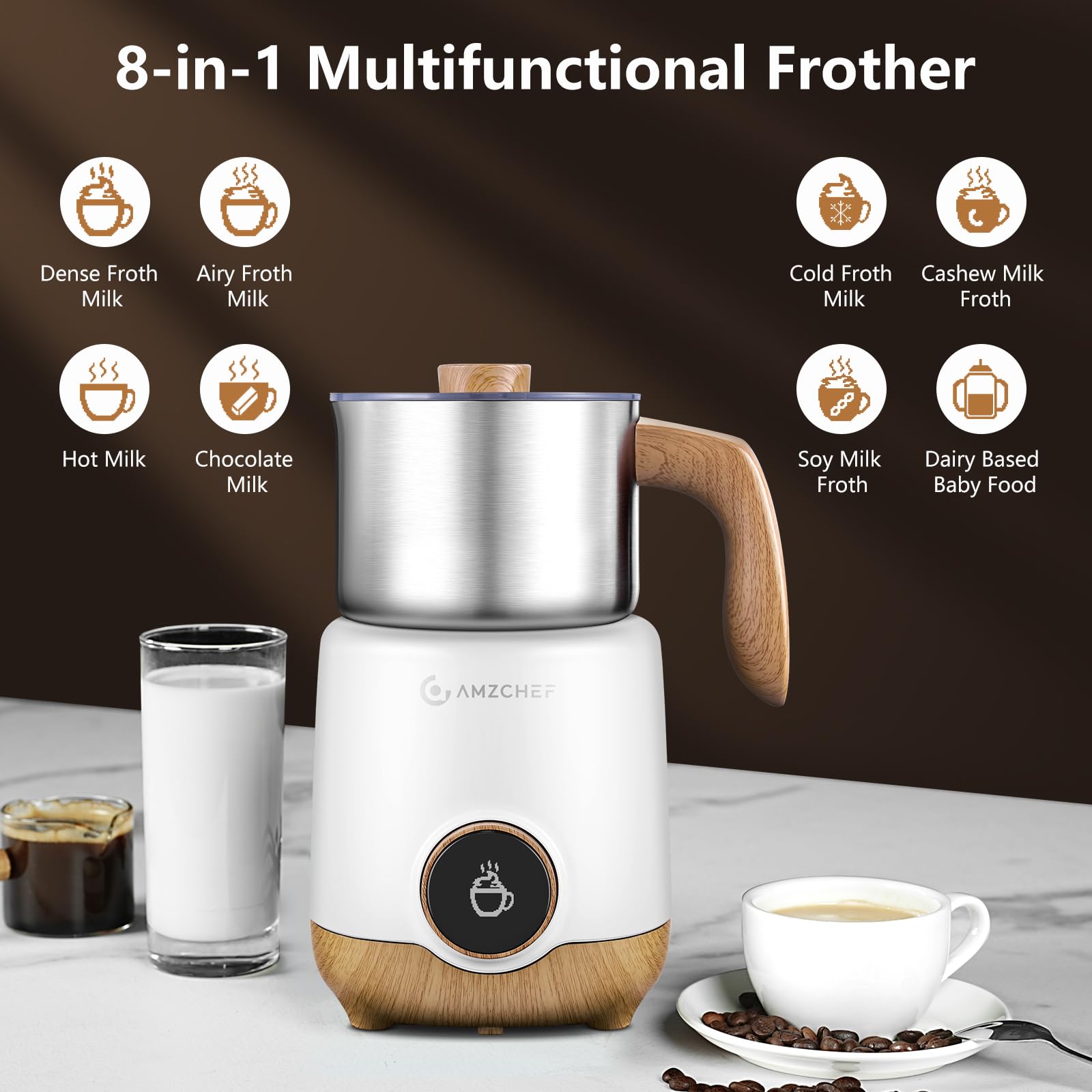 AMZCHEF 8-IN-1 Montalatte Elettrico Cappuccino 550 Watt, 600 ml Montalatte Elettrico con Tazza Divisa per Schiuma di Latte Calda e Fredda, Latte Caldo, Alimenti per Bambini a Base di Latte