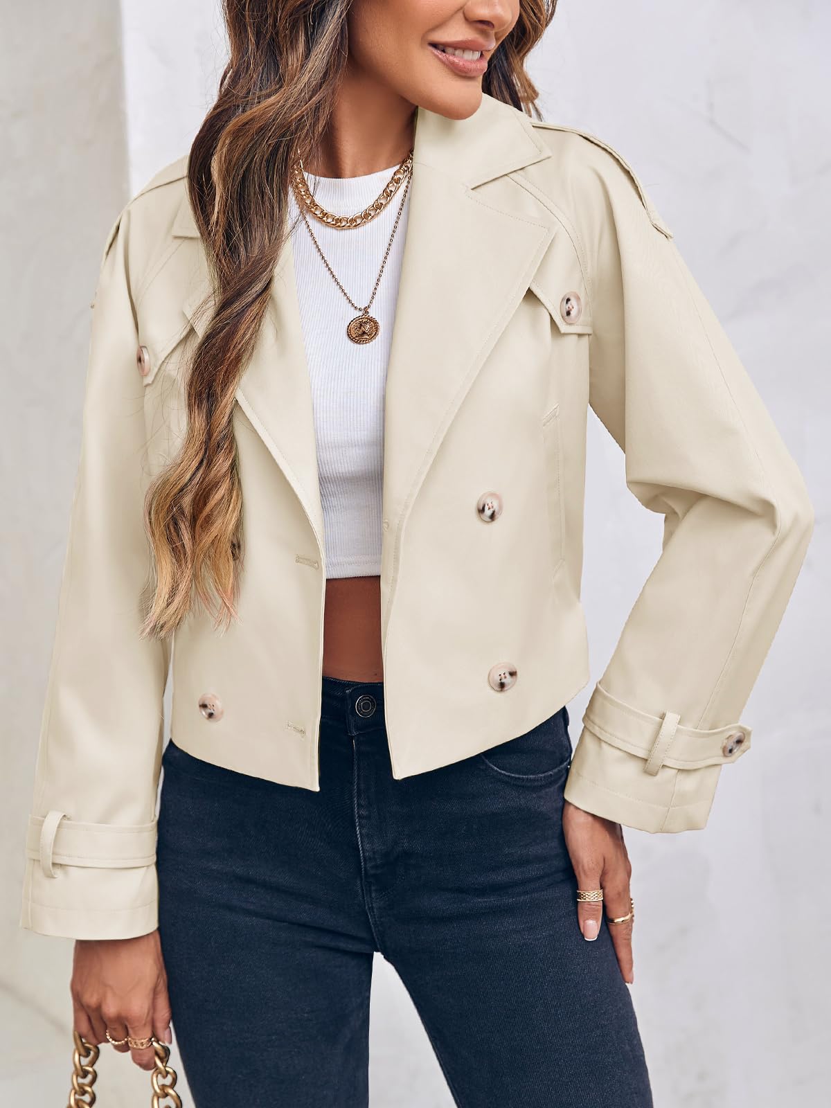 Condition photo showing New/Like New for Imily Bela Womens Lapel Trench Coat Double Breasted Cropped Jacket Casual Outwear with Belt