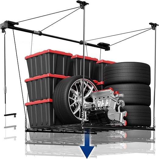 FLEXIMOUNTS Overhead Garage Storage Rack Lift, 4x4 Ft Heavy-Duty Garage Ceiling Storage Racks, Adjustable Organization System With 71'' L Axle, 300lbs Load Capacity, Flat Black
