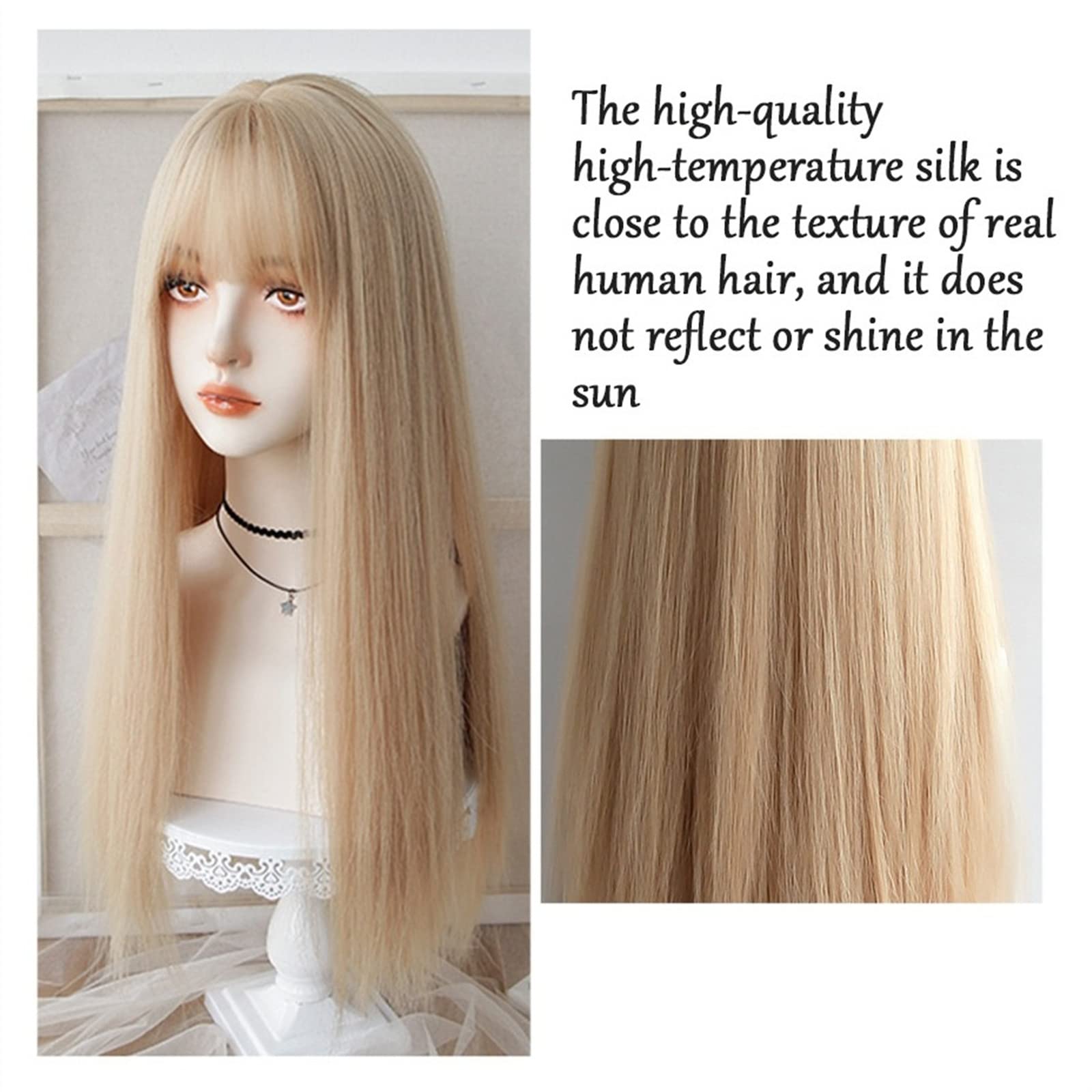 Peruki z koronką falową Blond peruka z grzywką dla kobiet dziewczyna 24 "długie proste blond peruka naturalna żaroodporna peruka syntetyczna na cosplay i do codziennego użytku Peruki z naturalnych wło