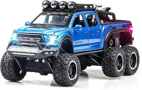 Toy Trucks for Boys Age 4-7 F150 Raptor Toy Truck for 3-5 Year Old Boys 1/24 Diecast Metal Model Pull Back Toy Car with Mini Motorcycle Pickup Truck and with Light and Sound