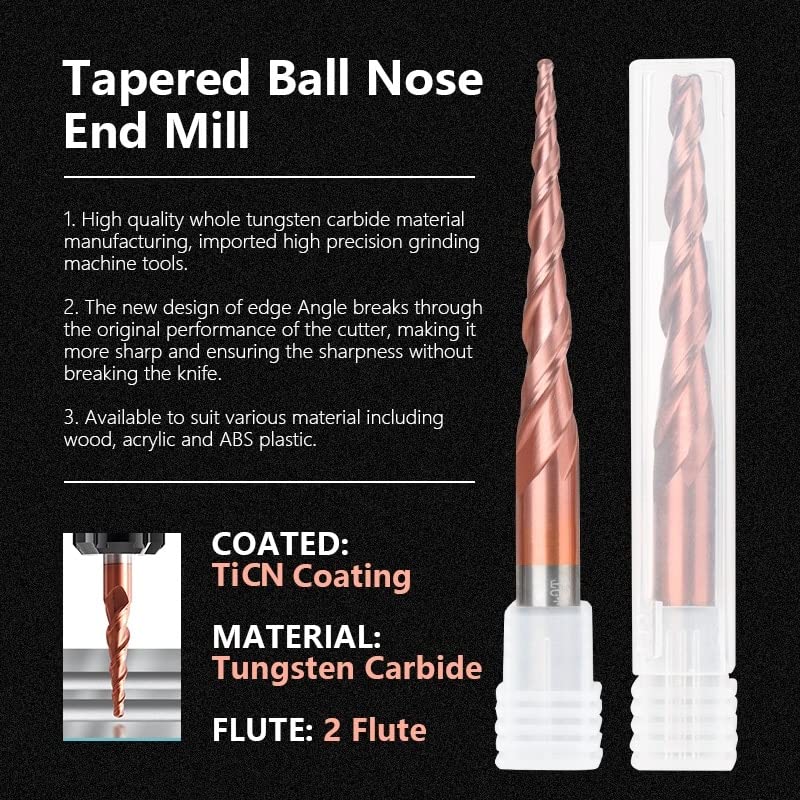 ボールノーズテーパーエンドミル Hrc62炭化物 CNC彫刻ビット彫刻ルータビット R0.25-R2.0木材金属製粉カッターエンドミ