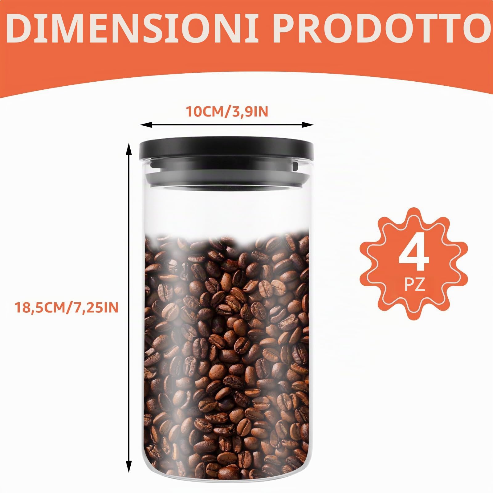 YAYODS 4 barattoli in vetro con coperchio, 1,2 l, con coperchio, ermetici, piccoli, con coperchio, colore nero, per chicchi di caffè, spaghetti, farina, zucchero