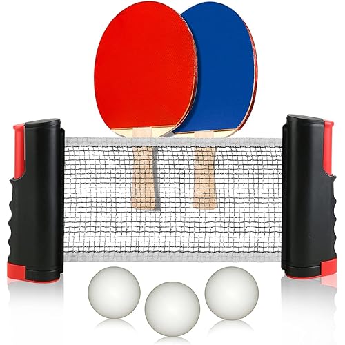 Retractable Table Tennis Net and Post Set for Any Table, 2 Ping Pong Paddles and 3 Balls,Includes Convenient Portable Drawstring Bag, Play Almost Anywhere for Kids,Adult