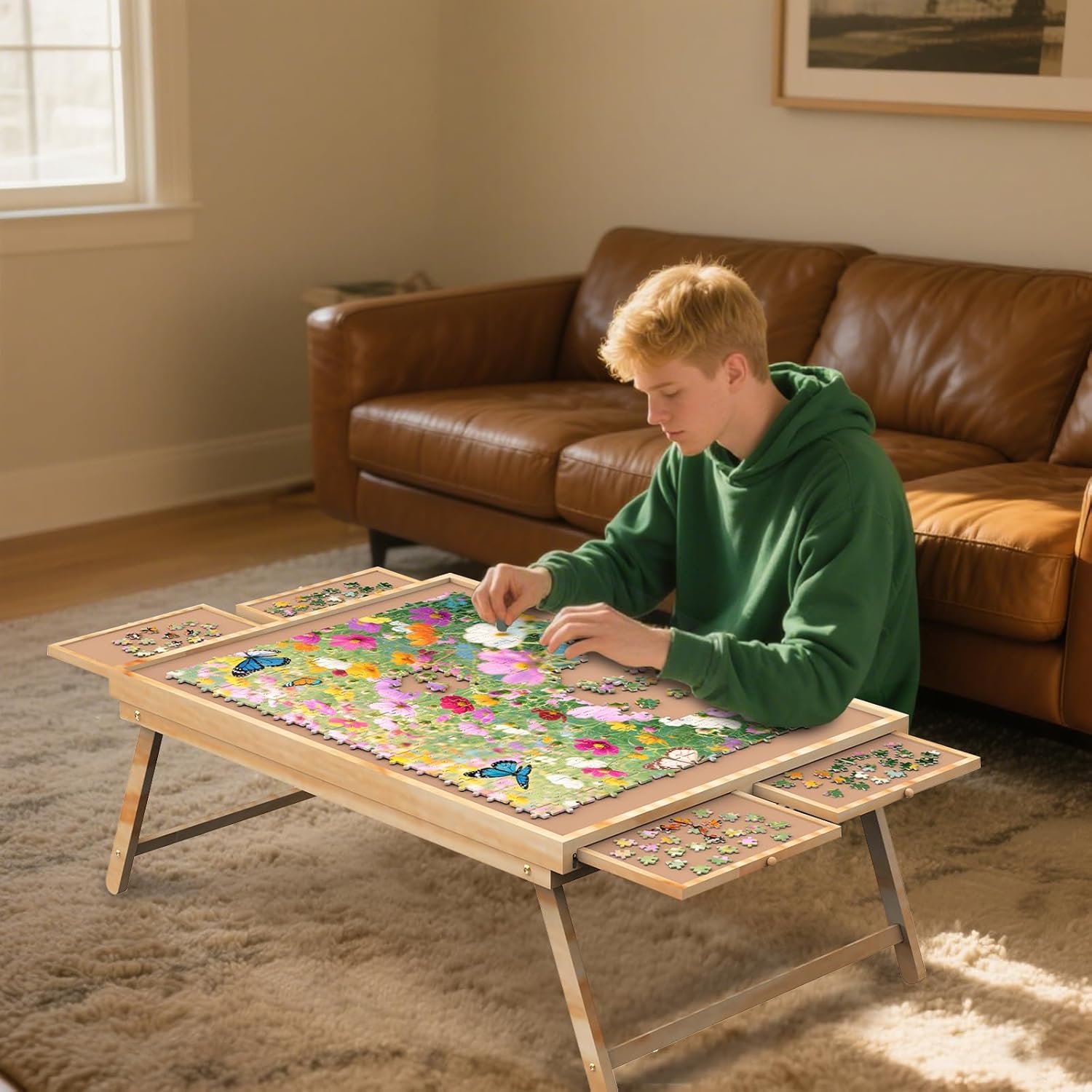 Jigsaw Puzzle Table 1500 Pieces, Portable Puzzle Board with 4 Drawers and Cover, Wooden Puzzle Board for Adults with Drawers, Board Gmae Table for All Ages