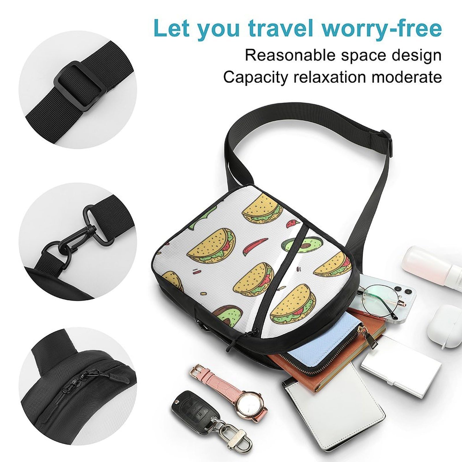Avocado Tacoes Peppers Chest Bag Foldable Crossbody Unisex Pack Travel Hiking Adjustable Shoulder Straps Sling Bags