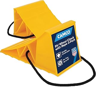 Camco Camper & RV Wheel Chock with Rope - Keeps Trailer in-Place to Safely Unhitch or Park - Compatible with Wheels Up to 26” in Diameter & Molded of Heavy-Duty Hard Plastic - 2-Pack - 44471