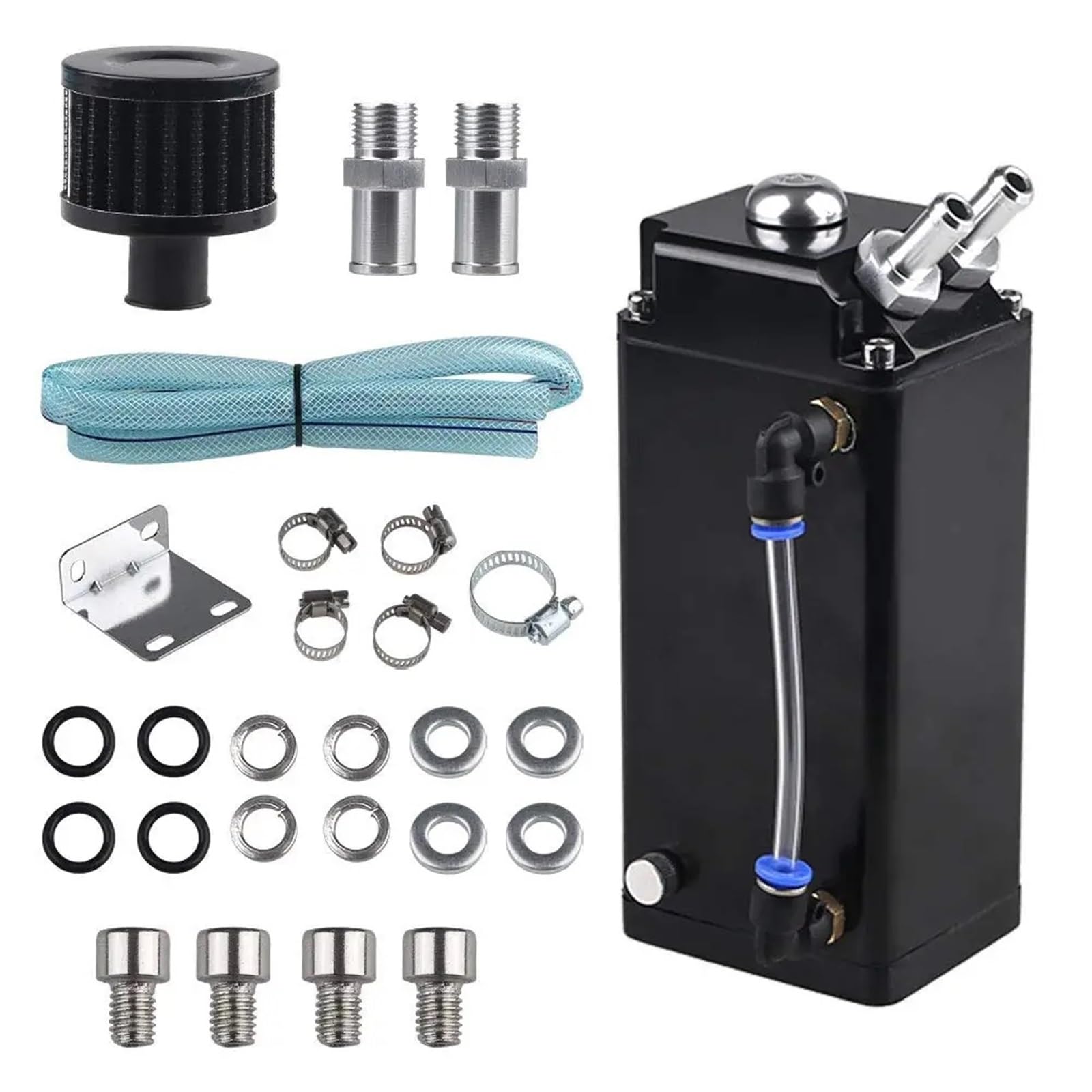Lata de captura aceite con forma motor coche, depósito tanque aluminio cuadrado 2 puertos filtro aire y accesorios manguera silicona Depósito de refrigeración(Black)