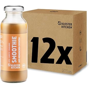 Kloster Kitchen Organic Smoothie Orange Apple Carrot Rhubarb 12 x 250 ml I Superfood Breakfast Vegan I To Go Glass Bottle I Power Food Made from Home Ingredients