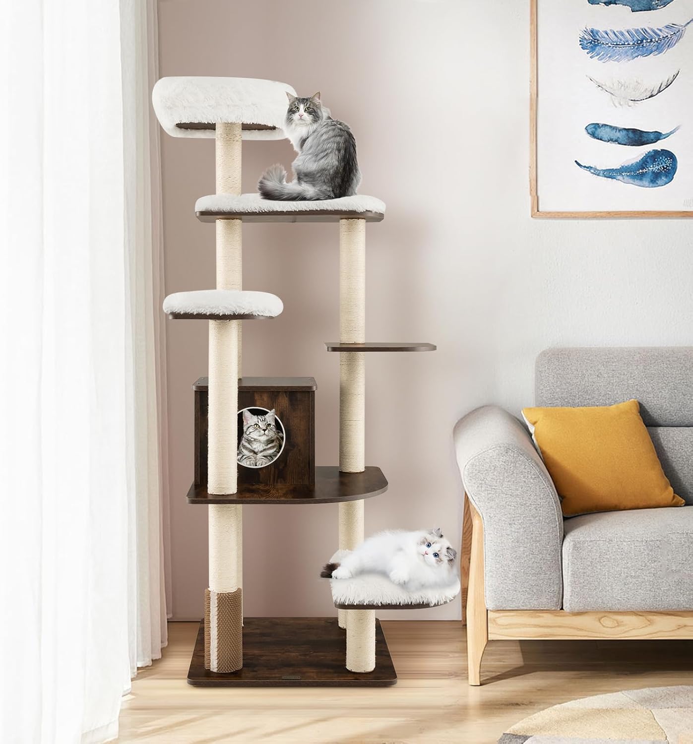 COSTWAY 71-inch Cat Tree, 7-Layer Cat Tower with Scratching Posts, Self Groomer, Top Perch & Private Condo, Retro Cat Activity Center with Washable Cushions for Indoor Cats (Brown)