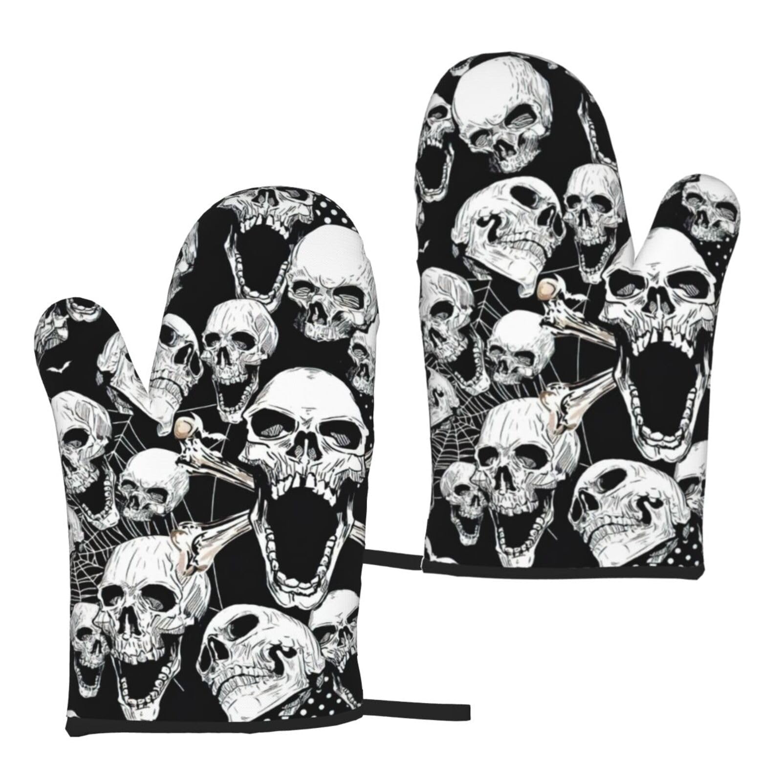 Nimongt Women's Black Skull Background Print Adults Universal Fit Heat Resistant Oven Gloves Reusable Cooking Outdoor Grilling