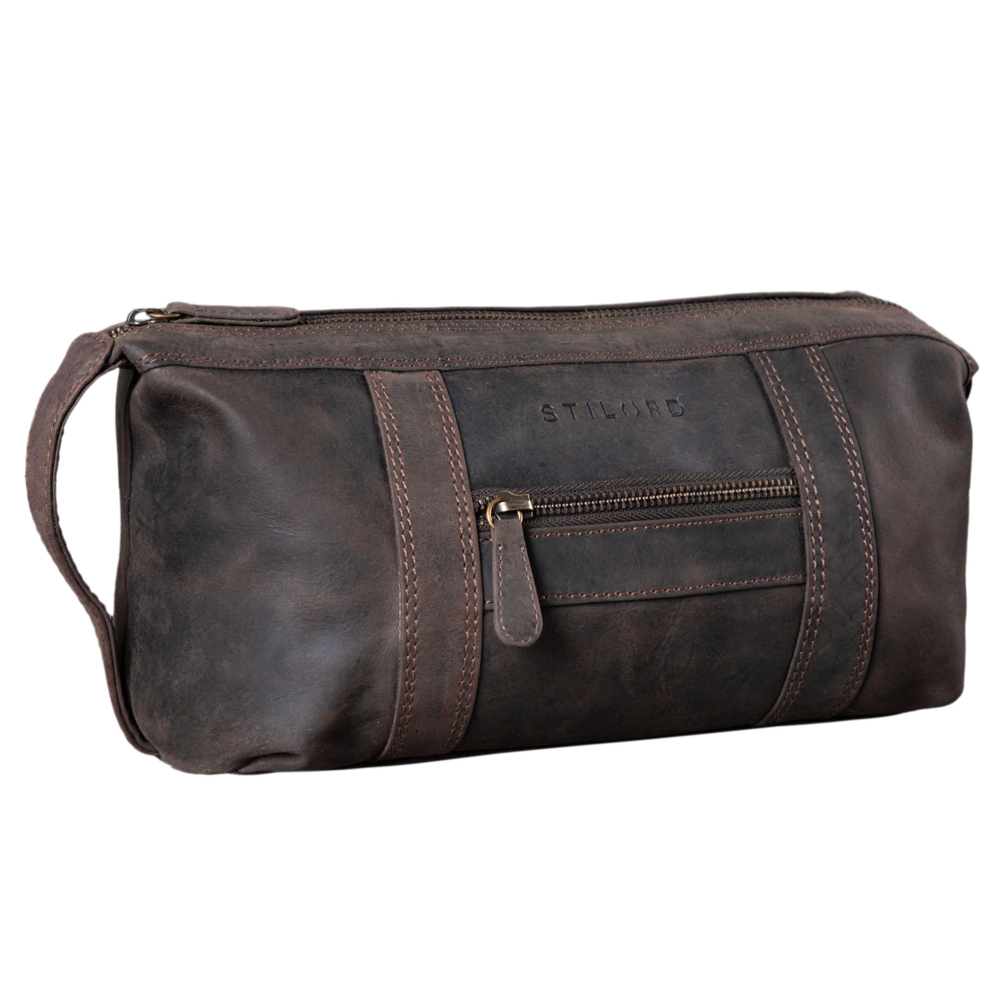 STILORD Bruno Leder Kulturbeutel Vintage für Herren Damen Große Kulturtasche Zwei Fächer Waschtasche mit Henkel für Reisen Farbe:dunkel - braun
