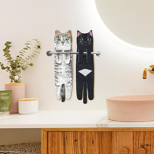 Miniatura 3 de Toallas de mano de gato para cocina y baño  Lindos accesorios de decoración de gatos  Toalla de mano suave absorbente para colgar  Divertido