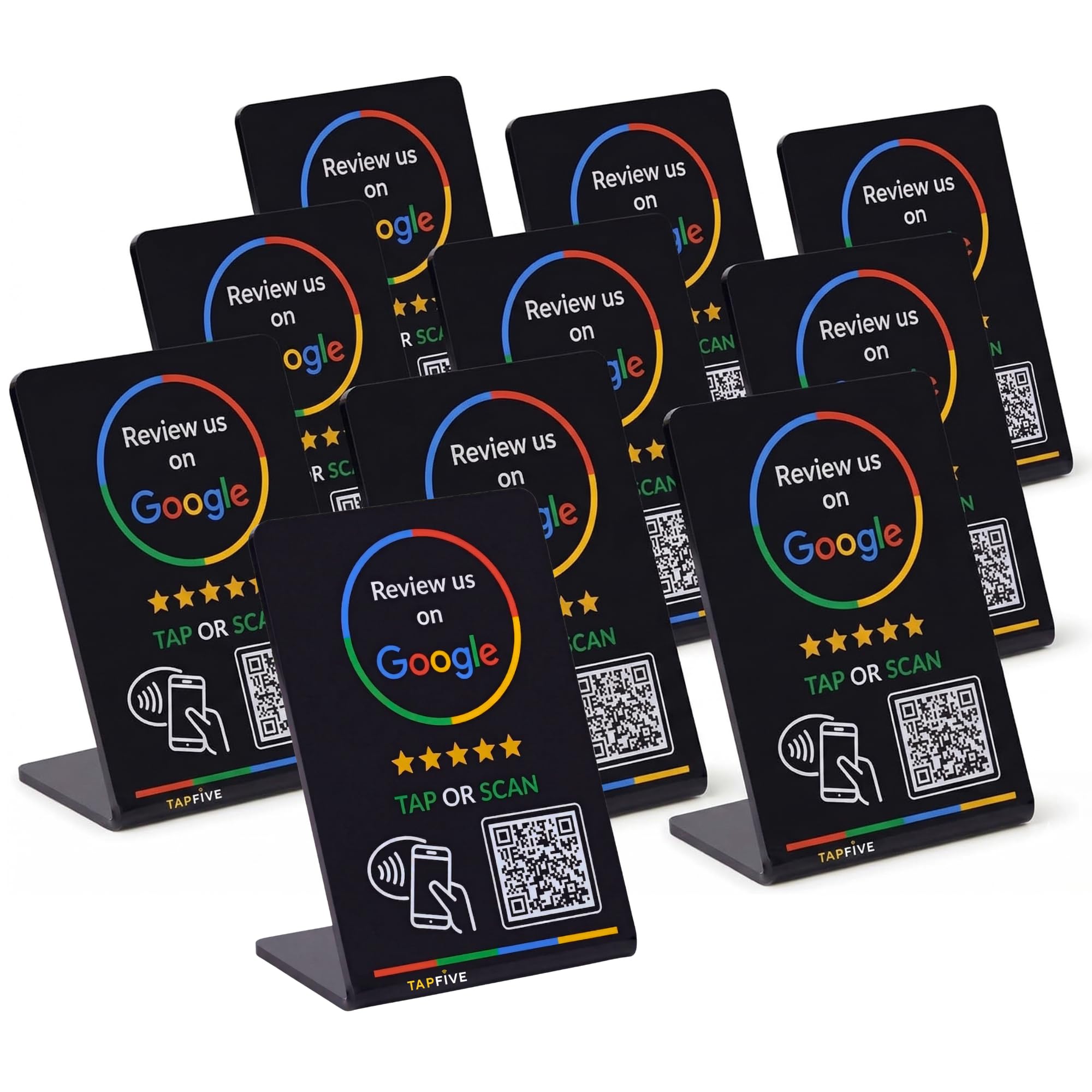Google Review Stand by TapFive – Tap to Review NFC Tap &amp; QR Code Sign for Restaurants, Salons, Retail &amp; Front Desks | QR Code Stand | No Monthly Fees (Black, 10 Stands)