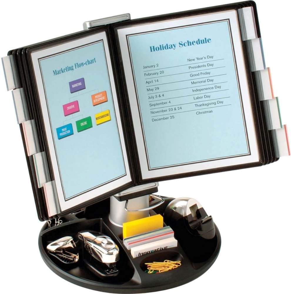 Aidata FDS021L Executive Desktop Organizer, Black, Heavy metal base plate provides super stability, Compartments for organizing stationery, Chrome handle rotates pages 360° to optimal viewing