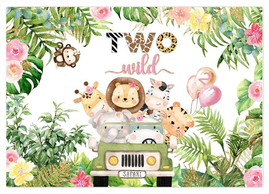 Avezano Two Wild Backdrop Safari 2nd Birthday Background for Girls Jungle Animals Birthday Party Decorations (Pink, 83x59in)